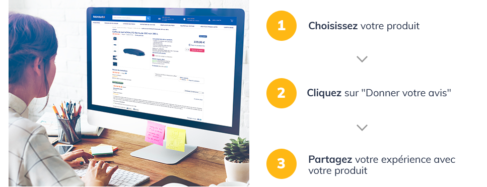 Choisissez votre produit / Cliquez sur 'votre avis' / Partagez votre expérience avec le produit
