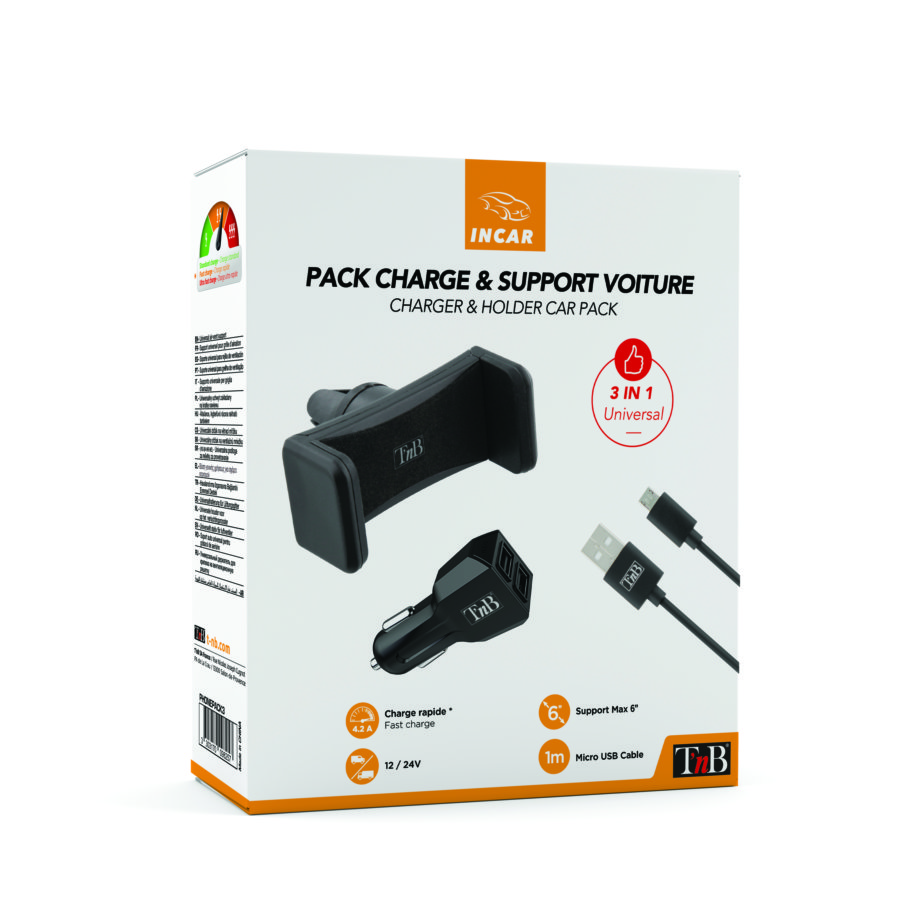 Pack Chargeur Allume-cigare 2 Usb + Câble Micro Usb + Support De Grille Ventilation