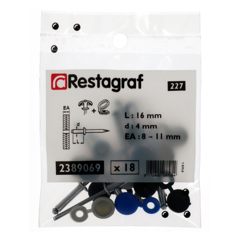 7 Rivets Aluminium Épanouis 4 X 16 Mm Avec Capuchons Blancs, Bleus Et Noirs