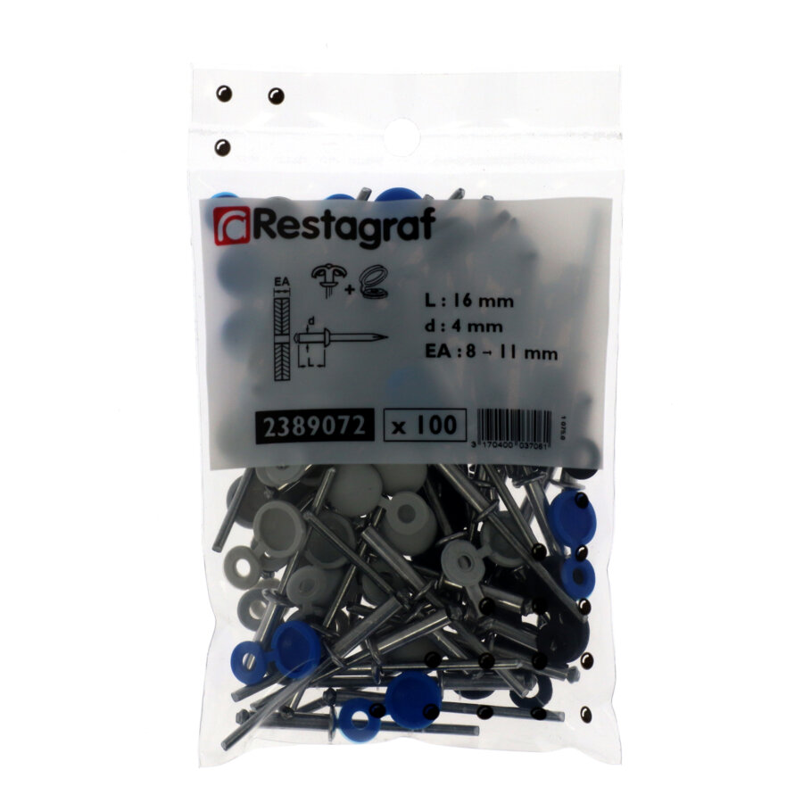 50 Rivets Aluminium Épanouis 4 X 16 Mm Avec Capuchons Blancs, Bleus Et Noirs
