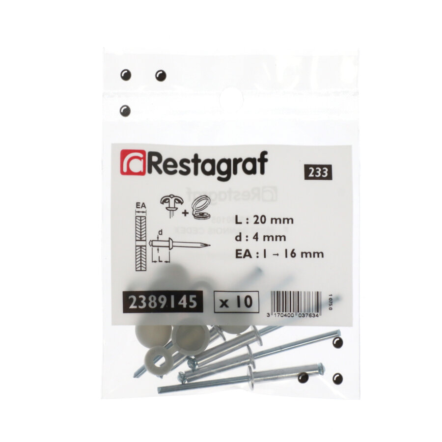 5 Rivets Aluminium Épanouis 4 X 20 Mm Avec 5 Capuchons Blancs