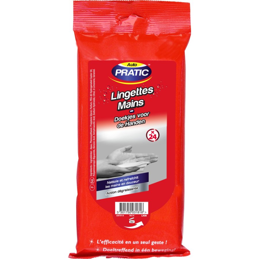 24 Lingettes Nettoyantes Mains Auto Pratic