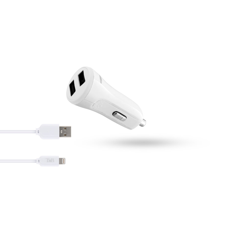 Chargeur Allume-cigare 2 Usb + Câble Usb Lightning 3,4 A 1 M Blanc Tnb