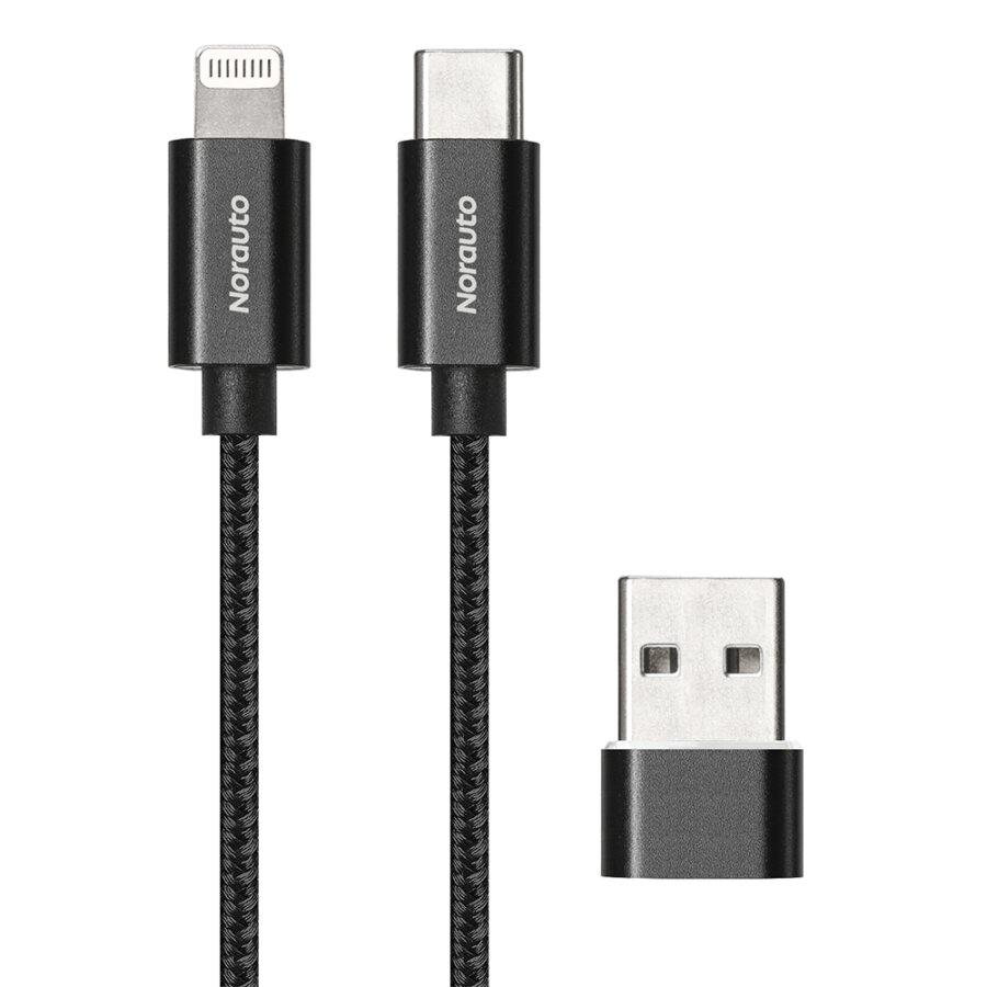Câble 2 En 1 Norauto Usb-a/c Lightning 120 Cm Noir Nylon