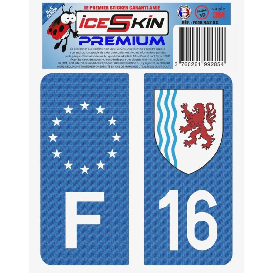 2 Stickers Premium En Résine 3d, Pour Departement 16 En Bleu Carbone (format