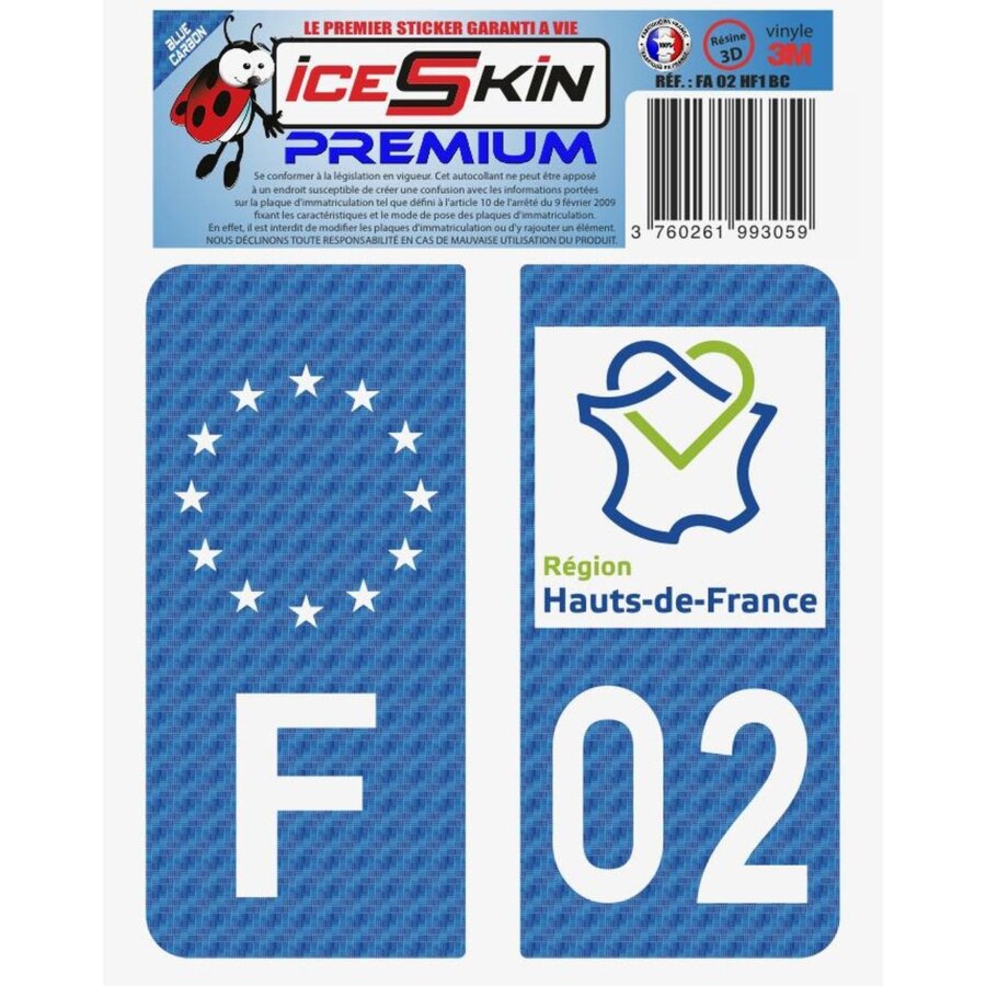 2 Stickers Premium En Résine 3d, Pour Departement 02 En Bleu Carbone (format