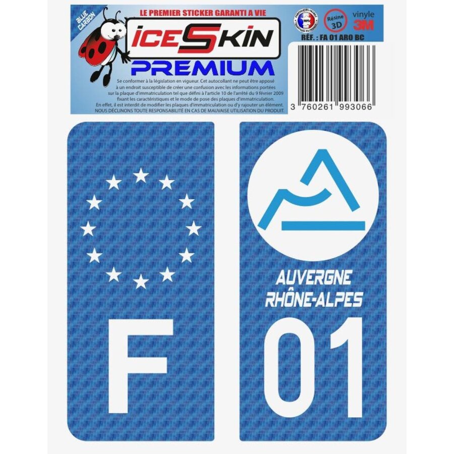 2 Stickers Premium En Résine 3d, Pour Departement 01 En Bleu Carbone (format