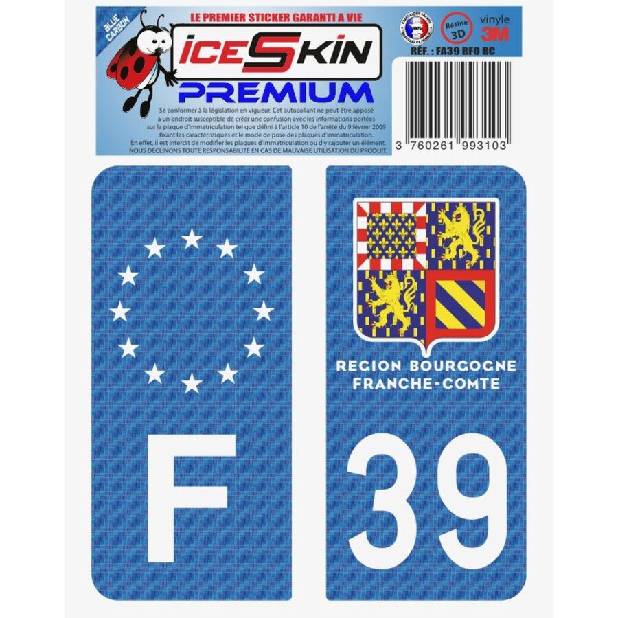 2 Stickers Premium En Résine 3d, Pour Departement 39 En Bleu Carbone (format