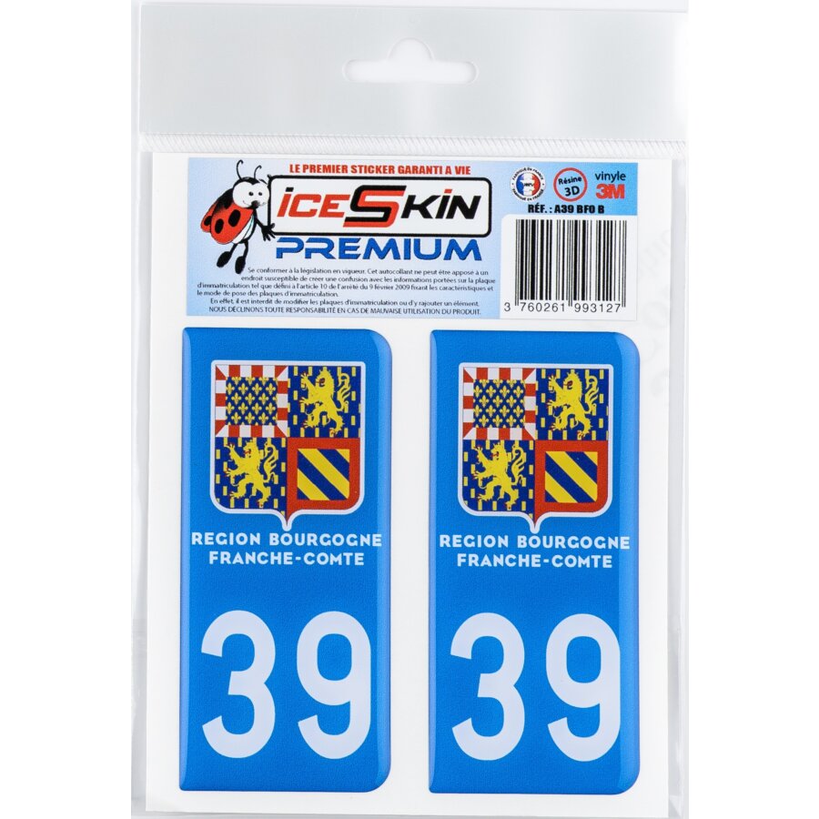 2 stickers premium en résine 3D, pour departement 39 en bleu (format ...