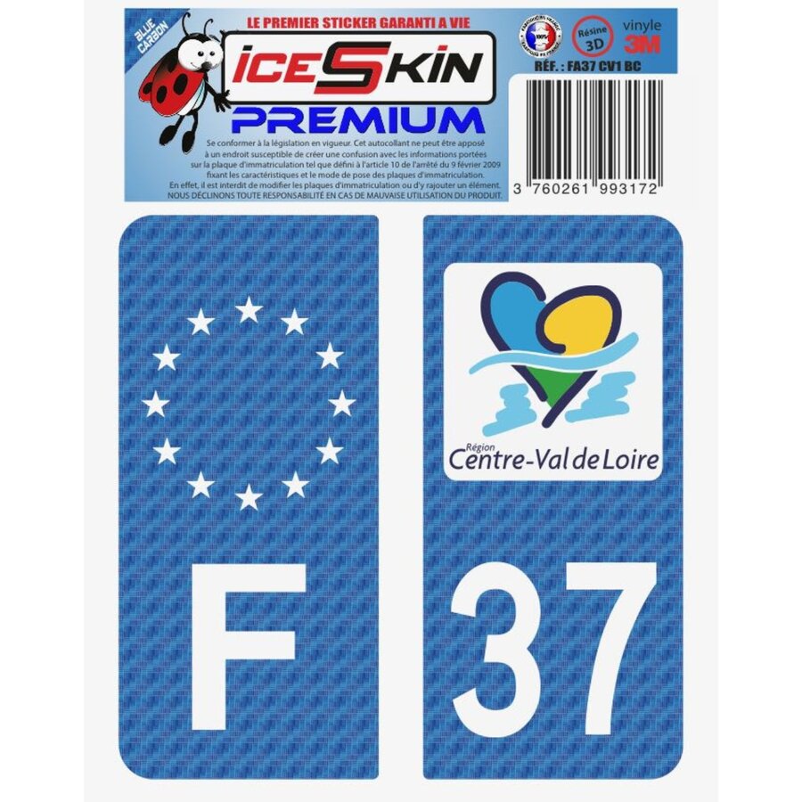 2 Stickers Premium En Résine 3d, Pour Departement 37 En Bleu Carbone (format