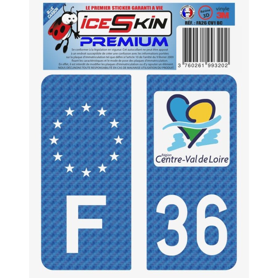 2 Stickers Premium En Résine 3d, Pour Departement 36 En Bleu Carbone (format