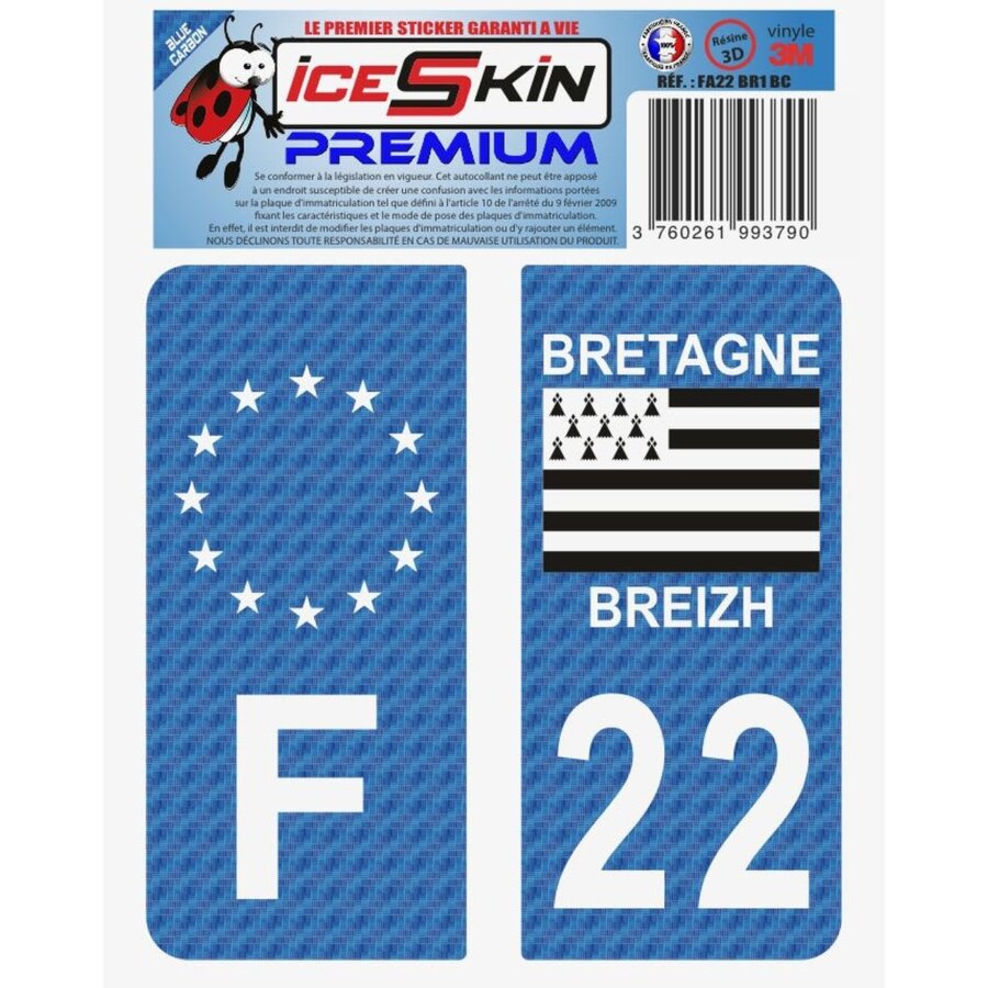 2 Stickers Premium En Résine 3d, Pour Departement 22 En Bleu Carbone (format