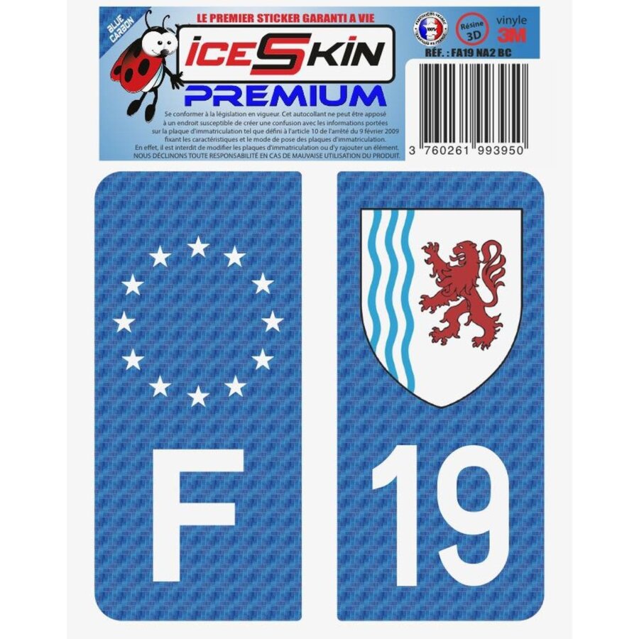 2 Stickers Premium En Résine 3d, Pour Departement 19 En Bleu Carbone (format