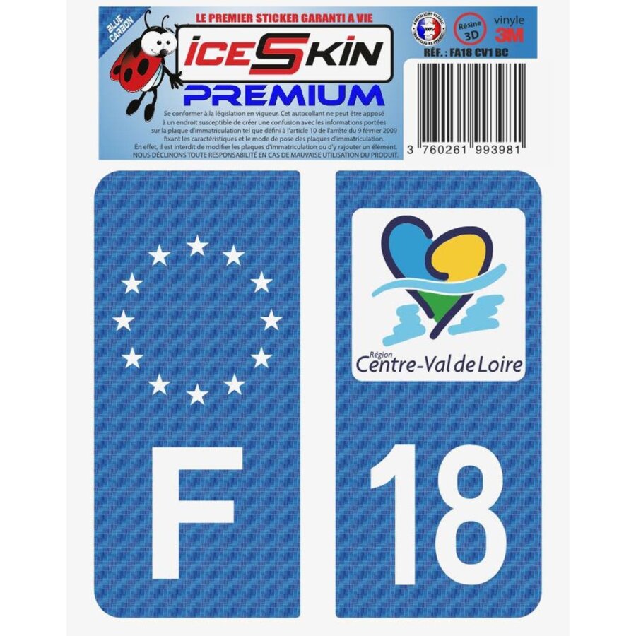 2 Stickers Premium En Résine 3d, Pour Departement 18 En Bleu Carbone (format