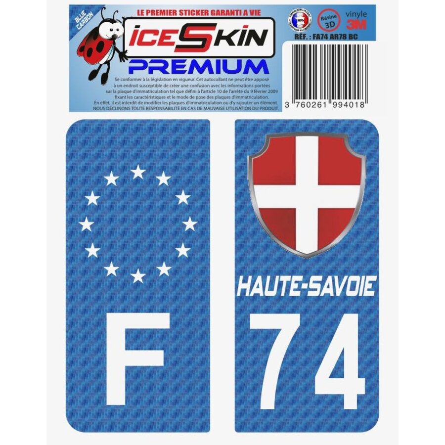 2 Stickers Premium En Résine 3d, Pour Departement 74 En Bleu Carbone (format