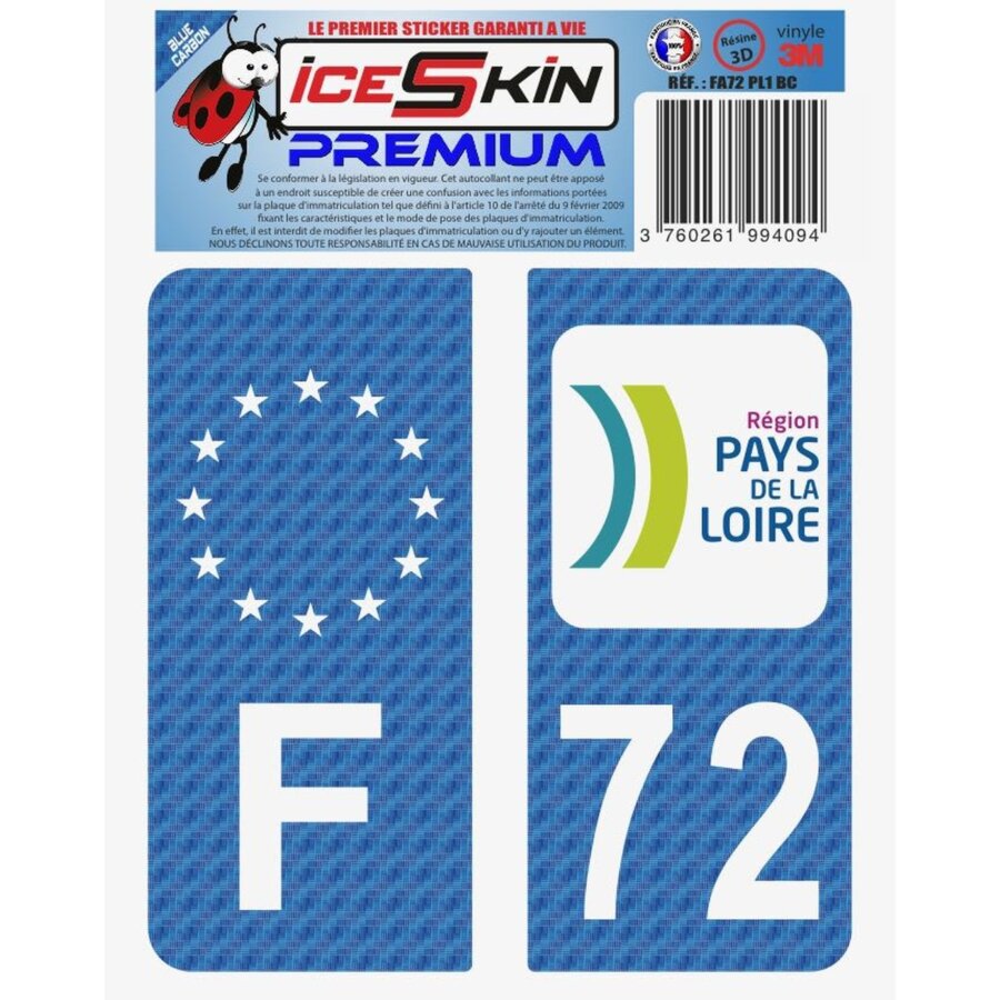 2 Stickers Premium En Résine 3d, Pour Departement 72 En Bleu Carbone (format