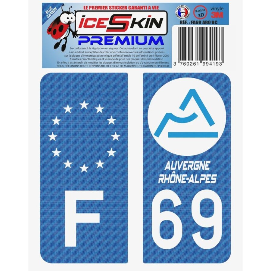 2 Stickers Premium En Résine 3d, Pour Departement 69 En Bleu Carbone (format