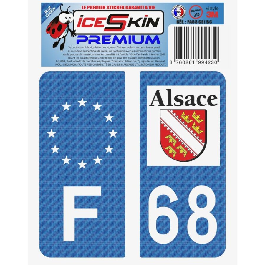 2 Stickers Premium En Résine 3d, Pour Departement 68 En Bleu Carbone (format