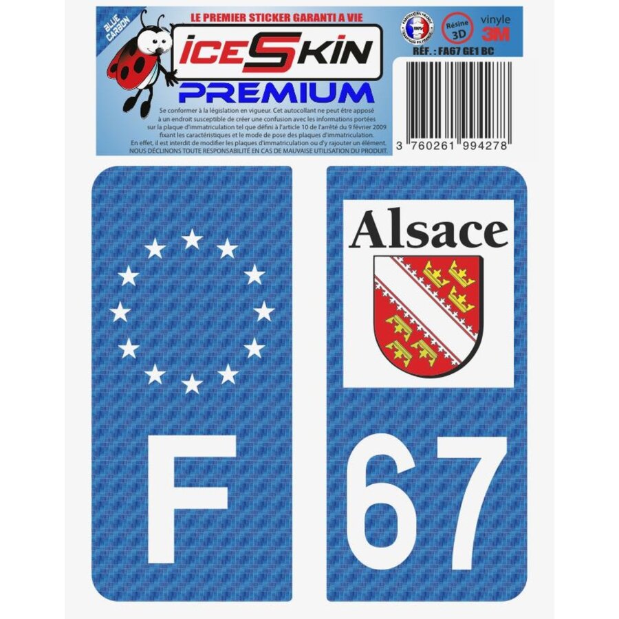 2 Stickers Premium En Résine 3d, Pour Departement 67 En Bleu Carbone (format
