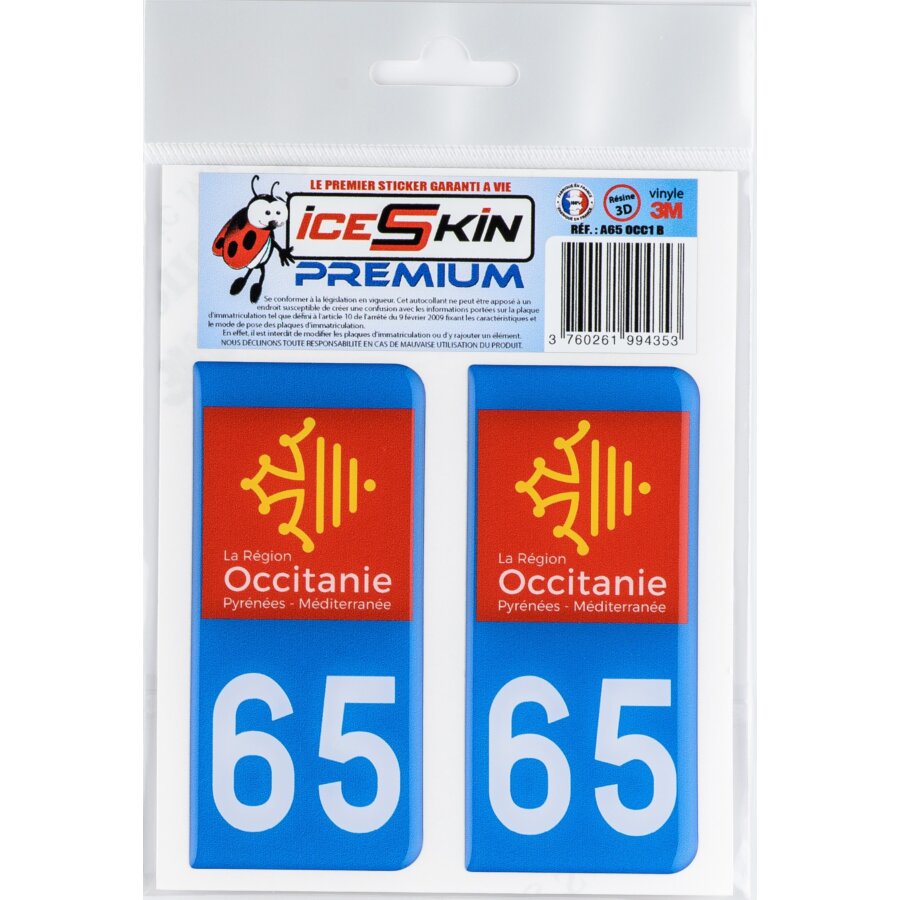 2 stickers premium en résine 3D, pour departement 65 en bleu (format ...