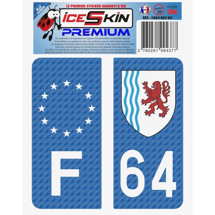 2 Stickers Premium En Résine 3d, Pour Departement 64 En Bleu Carbone (format