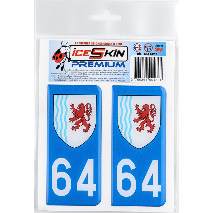 2 stickers premium en résine 3D, pour departement 64 en bleu (format ...