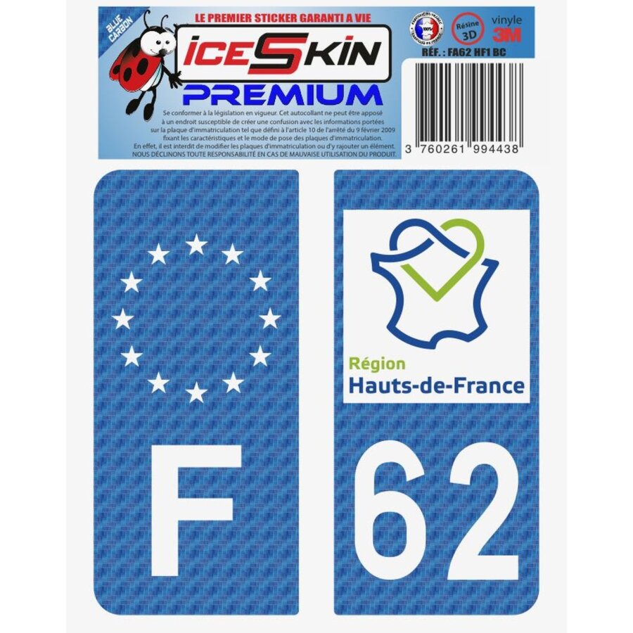 2 Stickers Premium En Résine 3d, Pour Departement 62 En Bleu Carbone (format