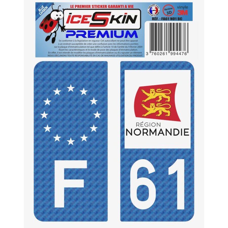 2 Stickers Premium En Résine 3d, Pour Departement 61 En Bleu Carbone (format