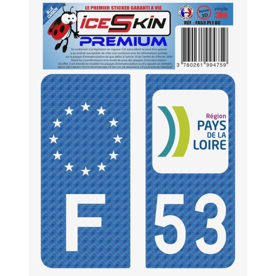 2 Stickers Premium En Résine 3d, Pour Departement 53 En Bleu Carbone (format