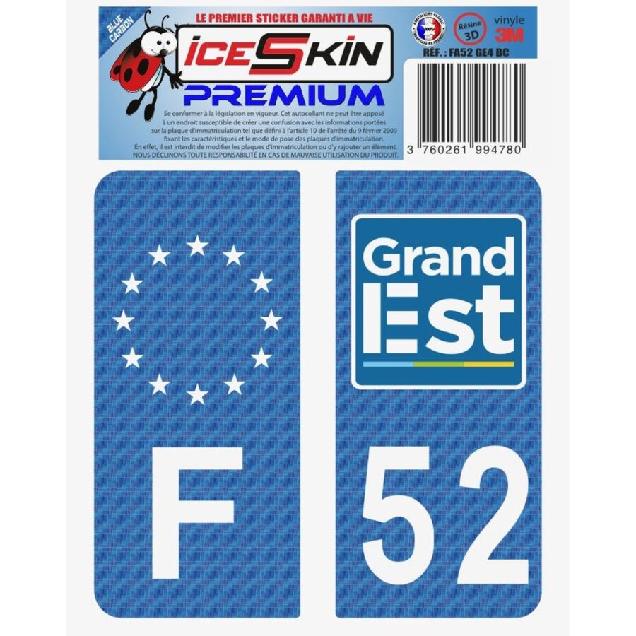 2 Stickers Premium En Résine 3d, Pour Departement 52 En Bleu Carbone (format