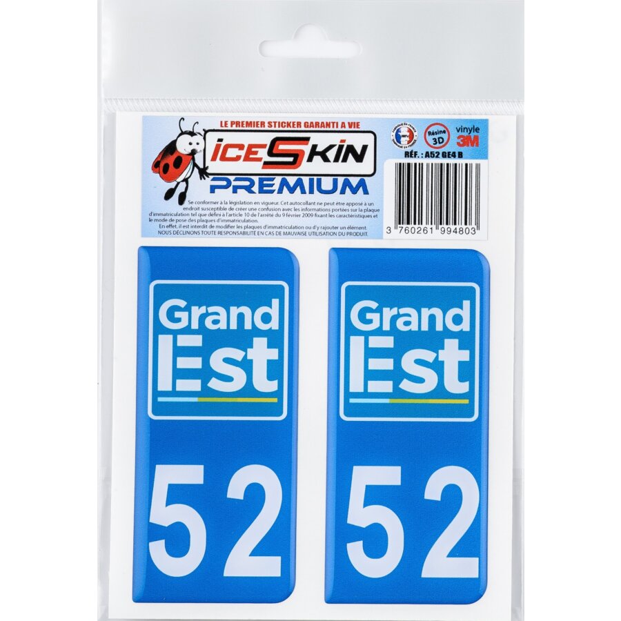 2 stickers premium en résine 3D, pour departement 52 en bleu (format ...