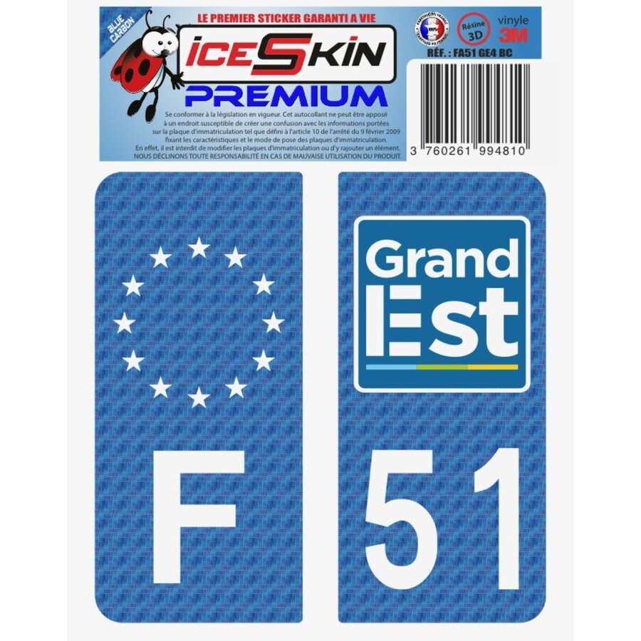 2 Stickers Premium En Résine 3d, Pour Departement 51 En Bleu Carbone (format