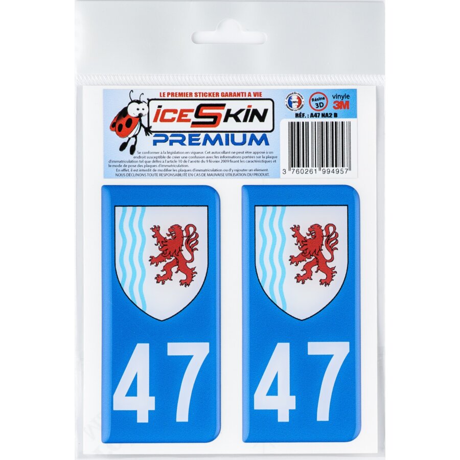 2 stickers premium en résine 3D, pour departement 47 en bleu (format ...