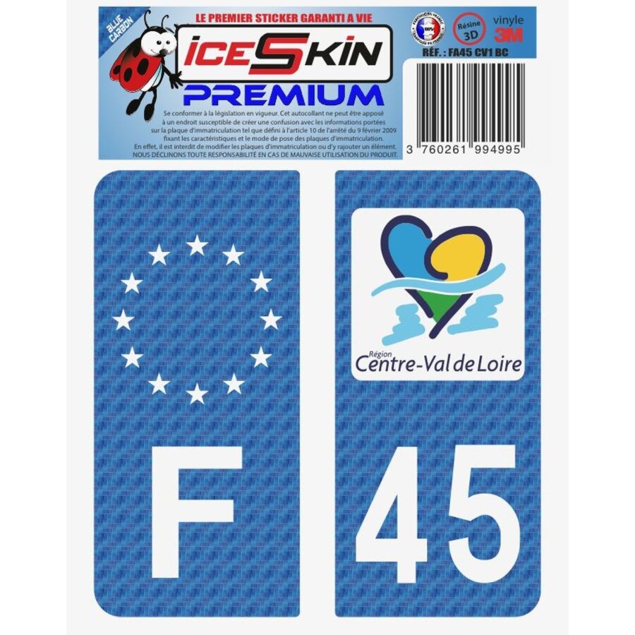 2 Stickers Premium En Résine 3d, Pour Departement 45 En Bleu Carbone (format