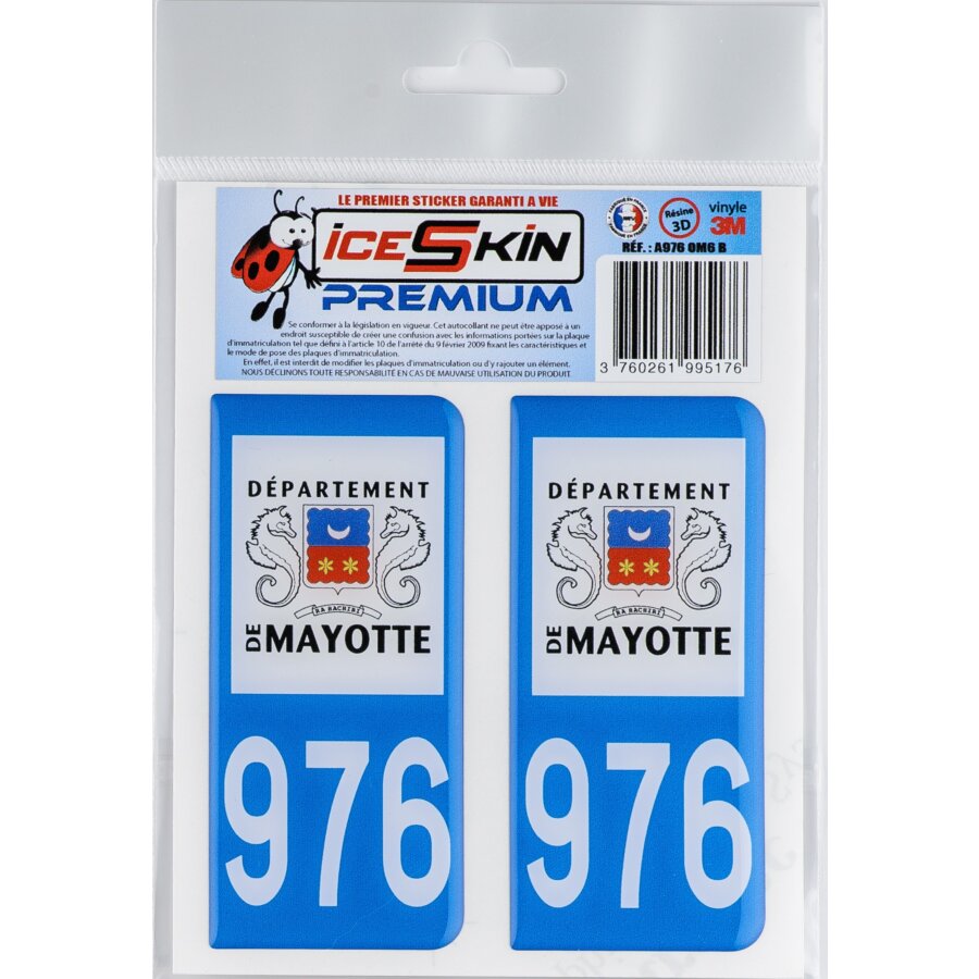2 Stickers Premium En Résine 3d, Pour Departement 976 En Bleu (format Voitures)