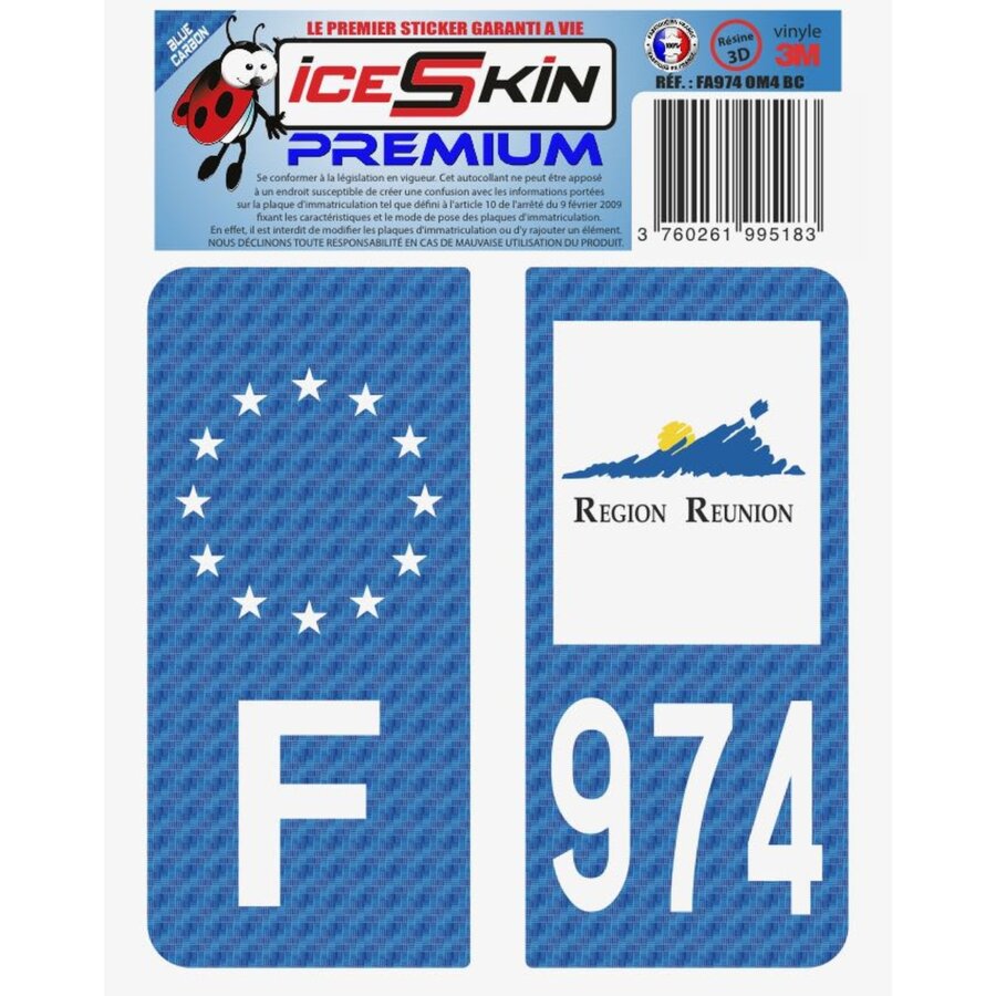 2 Stickers Premium En Résine 3d, Pour Departement 974 En Bleu Carbone (format
