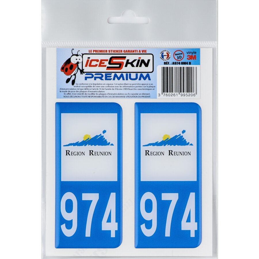 2 Stickers Premium En Résine 3d, Pour Departement 974 En Bleu (format Voitures)