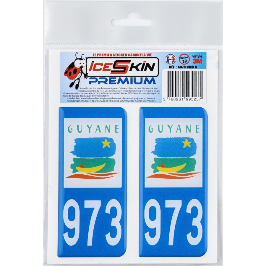 2 Stickers Premium En Résine 3d, Pour Departement 973 En Bleu (format Voitures)
