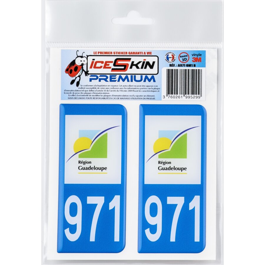 2 Stickers Premium En Résine 3d, Pour Departement 971 En Bleu (format Voitures)