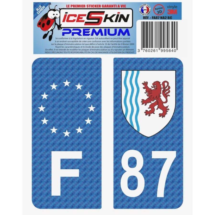 2 Stickers Premium En Résine 3d, Pour Departement 87 En Bleu Carbone (format