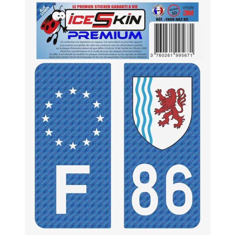 2 Stickers Premium En Résine 3d, Pour Departement 86 En Bleu Carbone (format