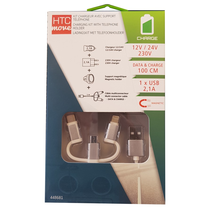 Chargeur Allume-cigare Htc + Chargeur 2,1 A + Câble 1 M + Support Magnétique
