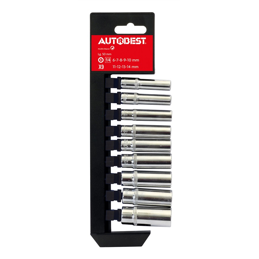 9 Douilles Longues 6 Pans 6 -14 Mm Carré 1/4" Autobest