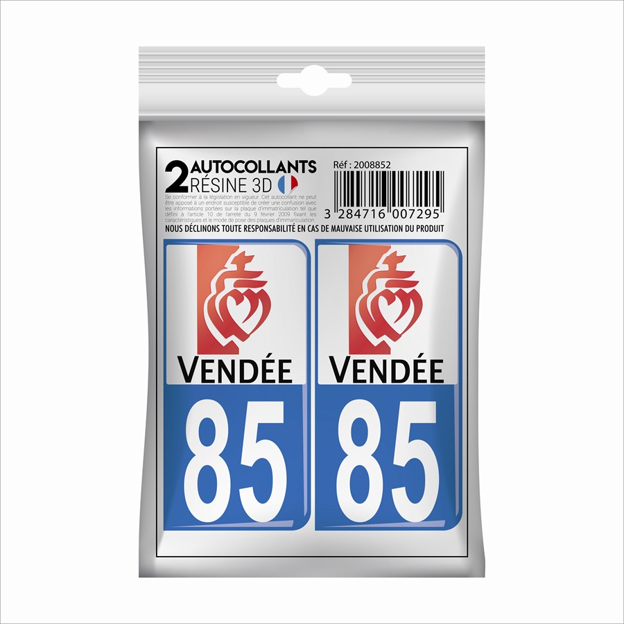 2 Autocollants Plaque Immatriculation Département 85 - Vendée - Résistants Aux UV Et Lavages - Garantie 5 Ans - Fabriqués En France