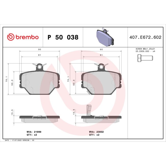 4 Plaquettes De Frein Brembo P50038