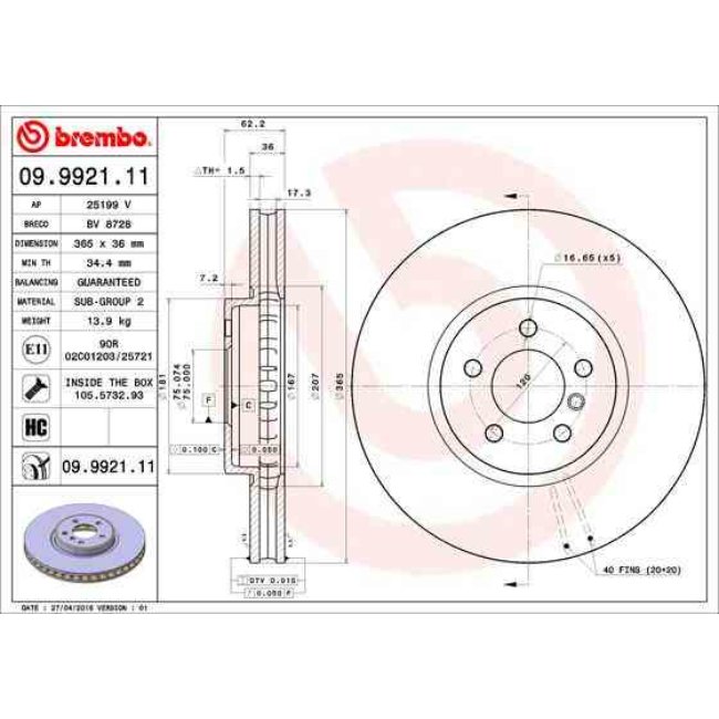 1 Disque De Frein Brembo Vernis Uv 09.9921.11