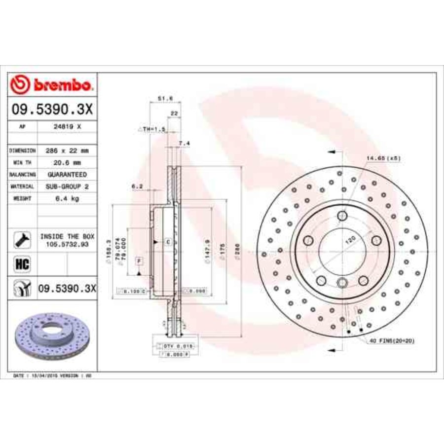 Disques De Frein Brembo Xtra - Lot De 2 Disques Perforés, Diamètre 262 Mm, épaisseur 21 Mm, Norme ECE-R90