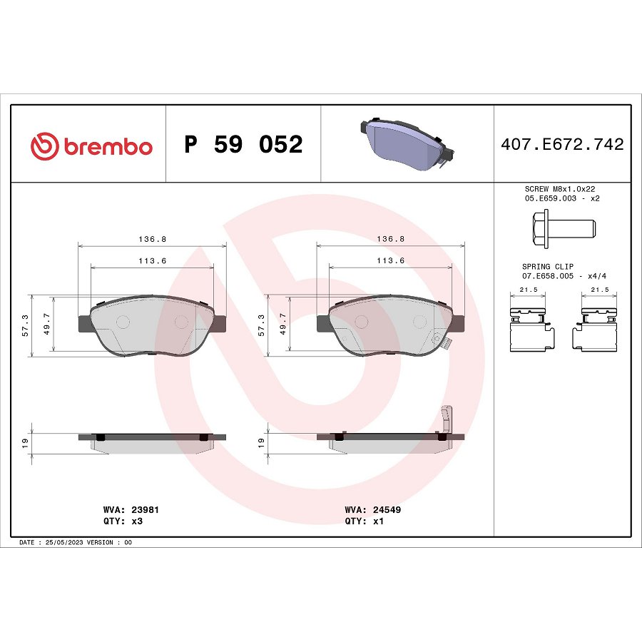 4 Plaquettes De Frein Brembo P59052