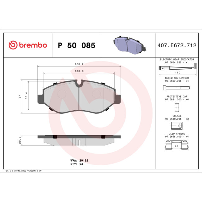 4 Plaquettes De Frein Brembo P50085