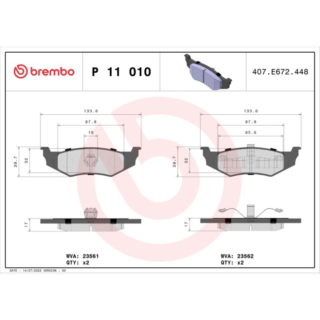 4 Plaquettes De Frein Brembo P11010
